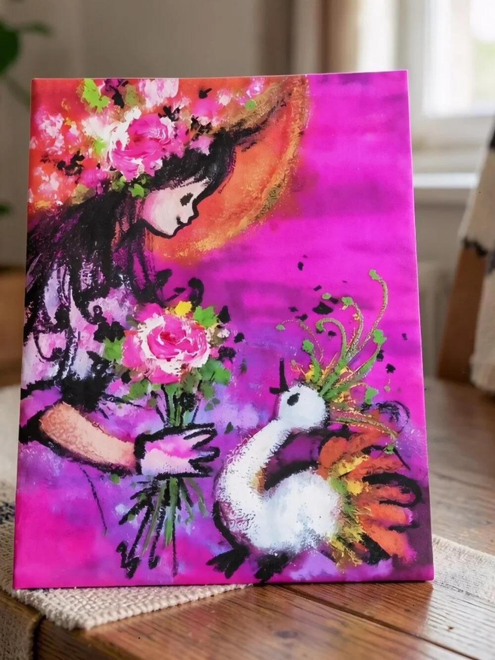 Happy Birthday Greeting Card, Girl w/ Bird Floral Design, Vtg Creations by Gigi